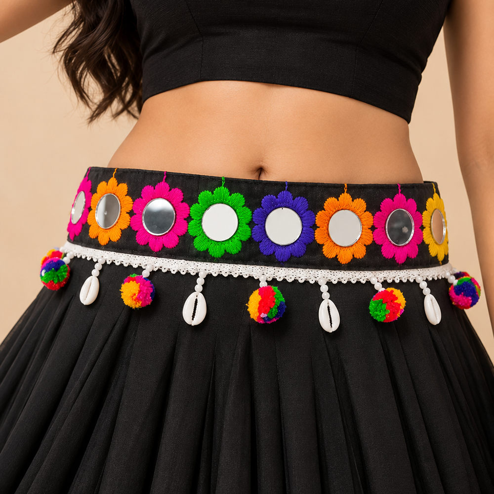 Urthn Colorful Mirror Work Shell & Pom Pom Assorted Design Kamarband Waist Belt for Navratri Festive Wear(Pack Of 3)