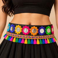 Urthn Colorful Mirror Work Shell & Pom Pom Assorted Design Kamarband Waist Belt for Navratri Festive Wear(Pack Of 3)