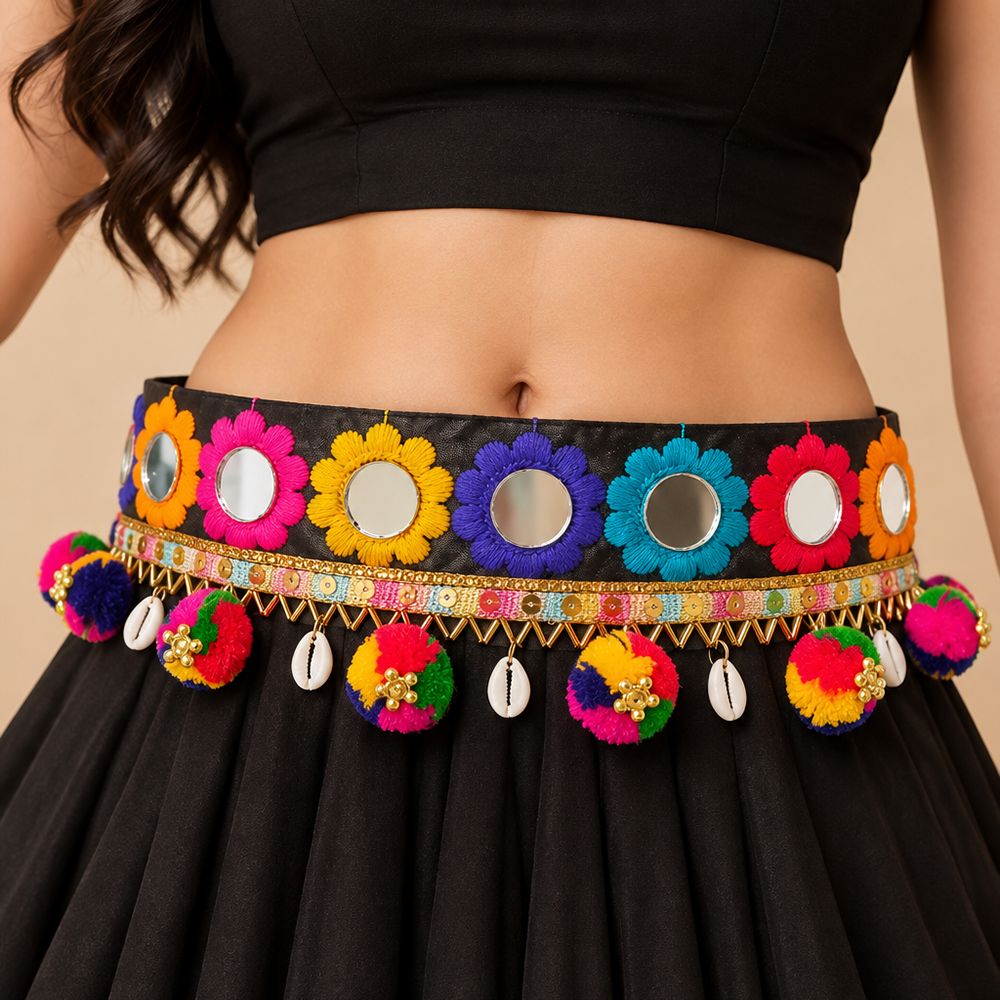 Urthn Colorful Mirror Work Shell & Pom Pom Assorted Design Kamarband Waist Belt for Navratri Festive Wear(Pack Of 3)