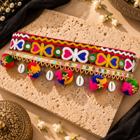 Urthn Festive Gujarati Mirror Work Waist Belt with  Triangular Gold Hangings, Shell & Pom Pom Charms