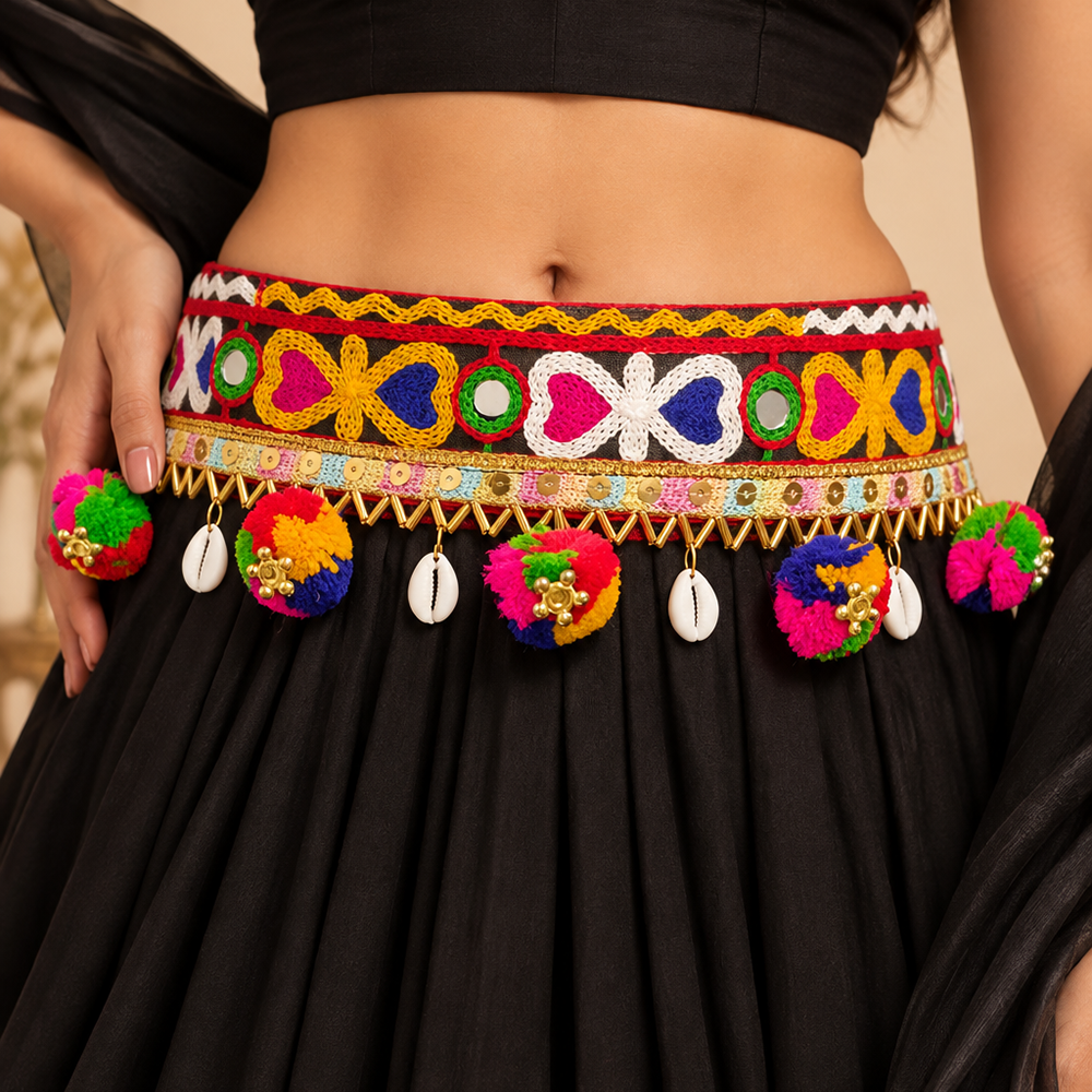 Urthn Festive Gujarati Mirror Work Assorted Design Waist Belt with  Triangular Gold Hangings, Shell & Pom Pom Charms(Pack Of 3)