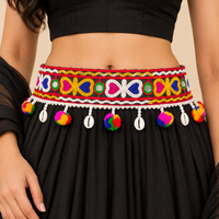 Urthn Festive Gujarati Mirror Work Assorted Design Waist Belt with  Triangular Gold Hangings, Shell & Pom Pom Charms(Pack Of 3)