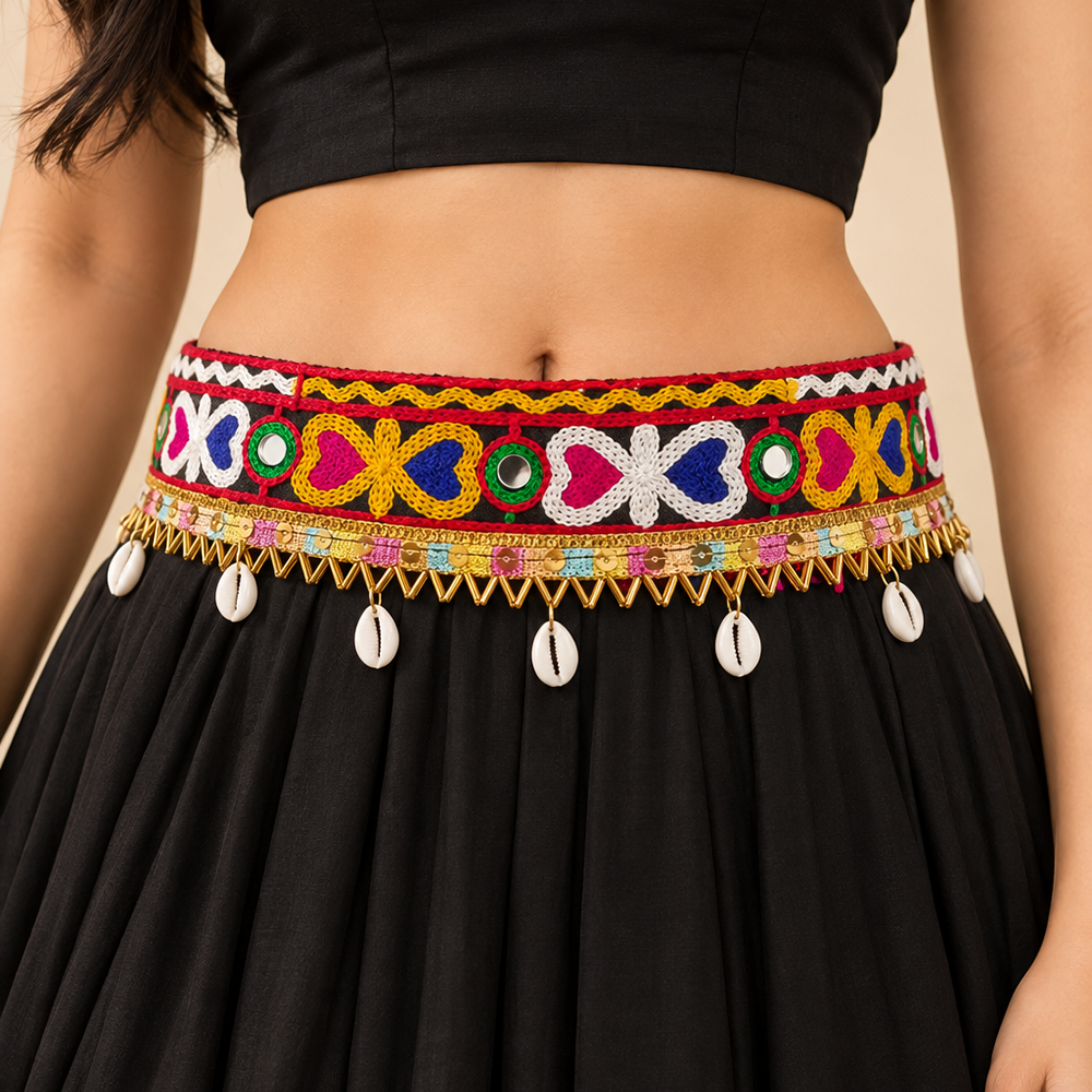 Urthn Festive Gujarati Mirror Work Assorted Design Waist Belt with  Triangular Gold Hangings, Shell & Pom Pom Charms(Pack Of 3)