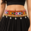 Urthn Festive Gujarati Mirror Work Assorted Design Waist Belt with  Triangular Gold Hangings, Shell & Pom Pom Charms(Pack Of 3)