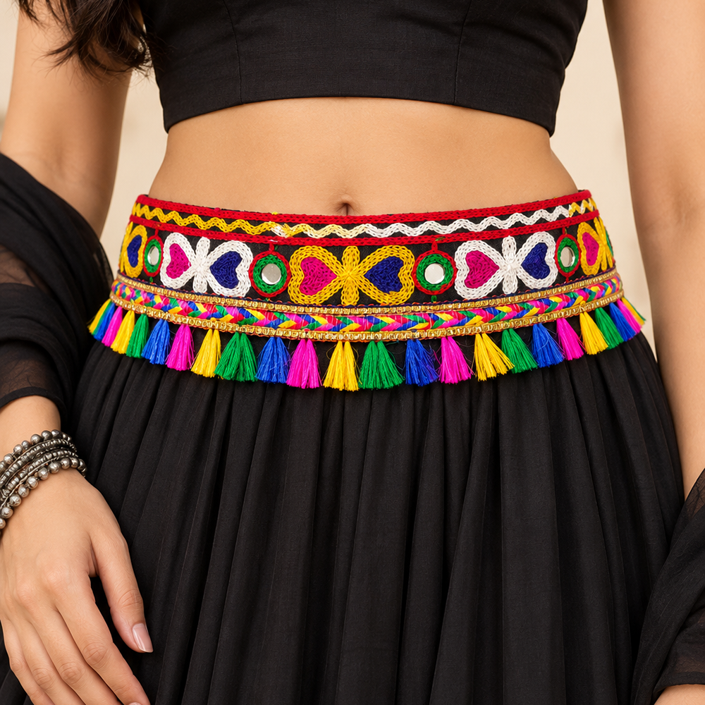Urthn Festive Gujarati Mirror Work Assorted Design Waist Belt with  Triangular Gold Hangings, Shell & Pom Pom Charms(Pack Of 3)
