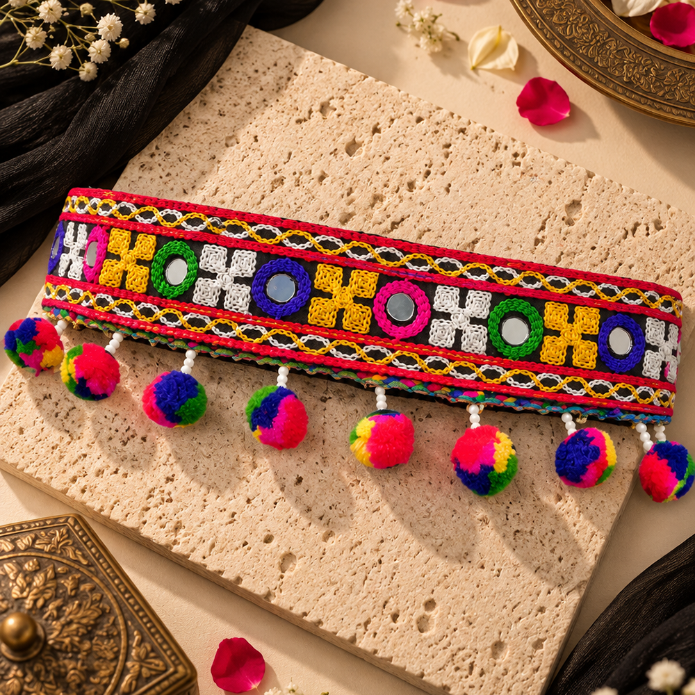 Urthn Gujarati Style Multicolor Mirror & Pom Pom Embroidered Kamarband Waist Belt for Garba