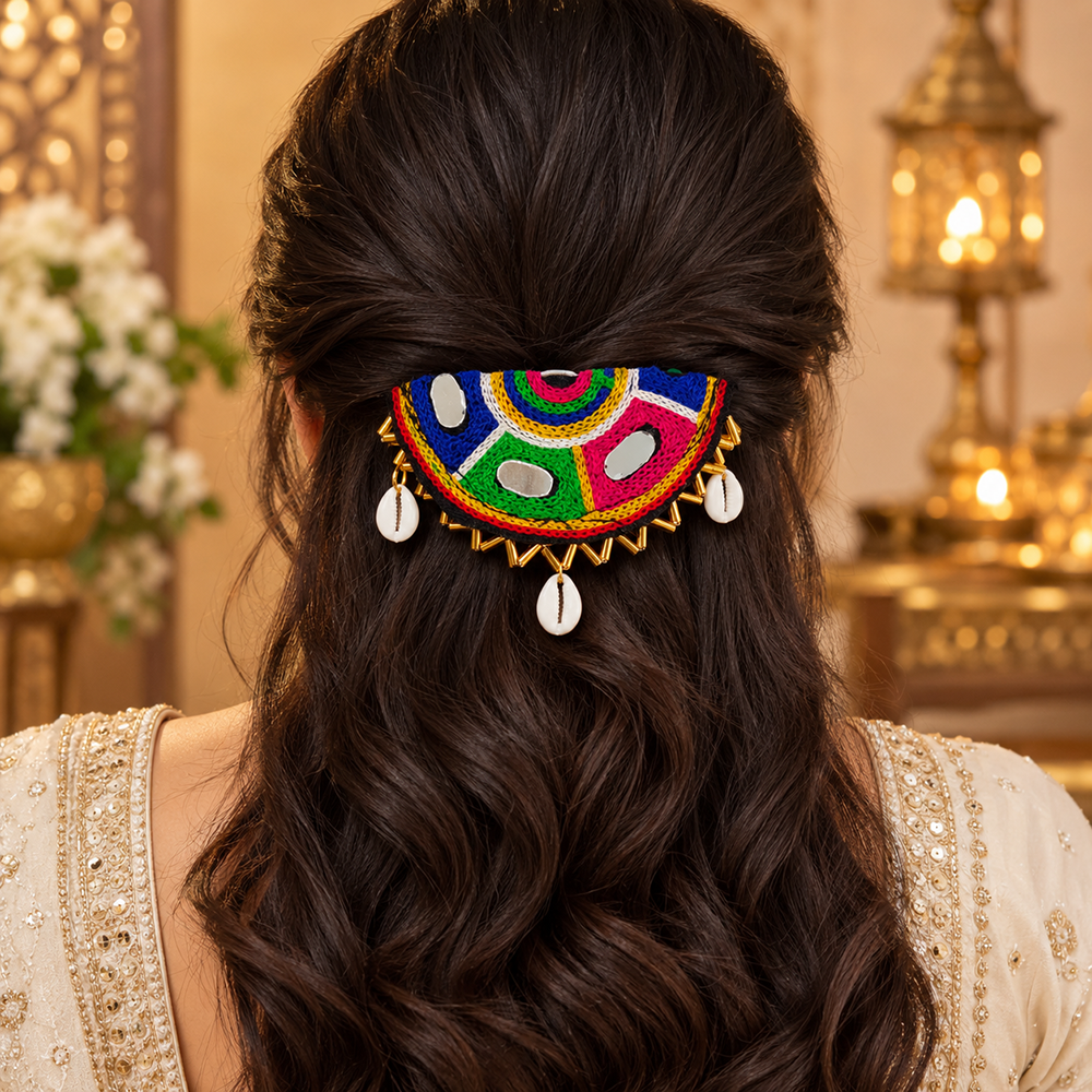 Urthn Garba Special Colourful Mirror & Shell Hair Clip for Women