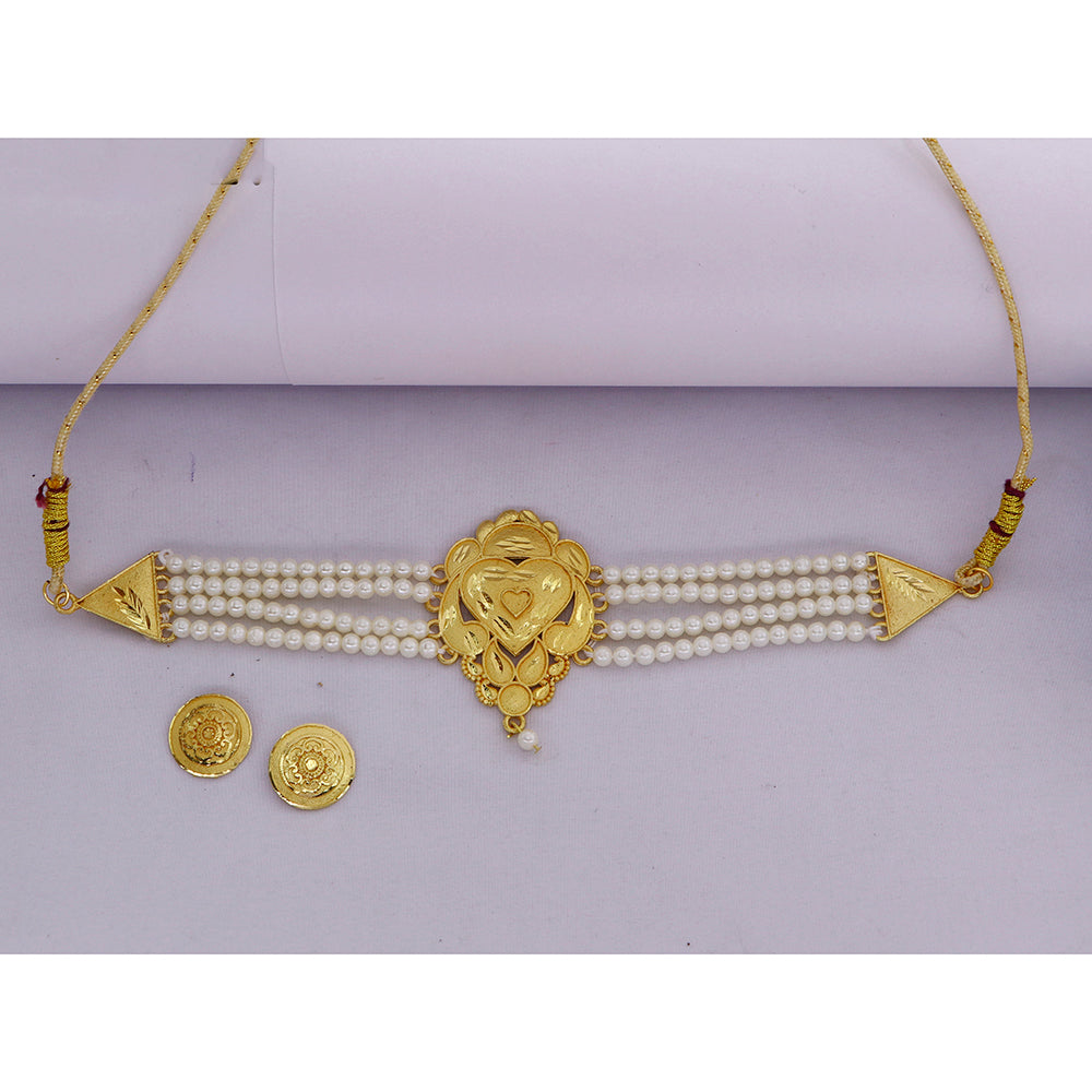 Mahavir Gold Plated Pearl Choker Necklace Set