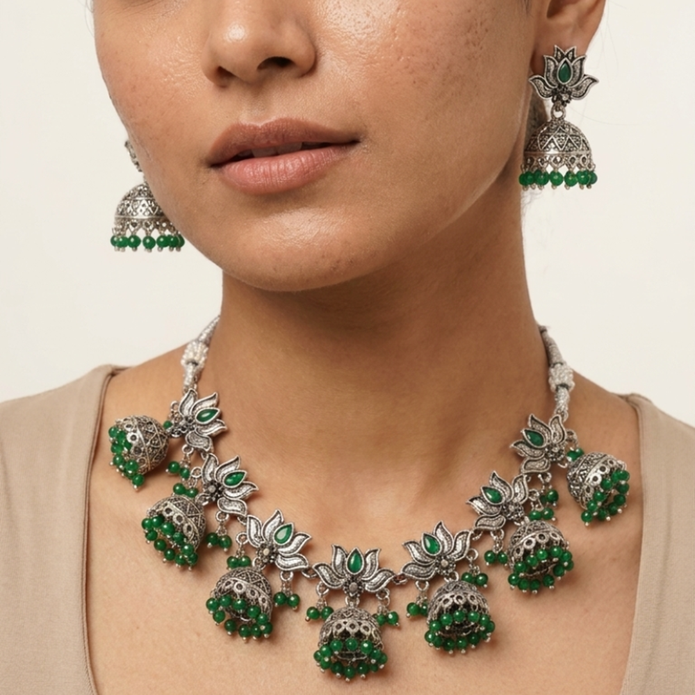Wearhouse Fashion Oxidised Plated Pota Stone And Pearl Choker Necklace Set
