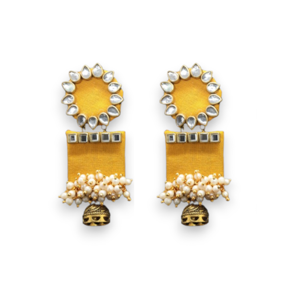 Handmade For Her  Women's Handmade Yellow Wooden Earring With Kundan And Beads