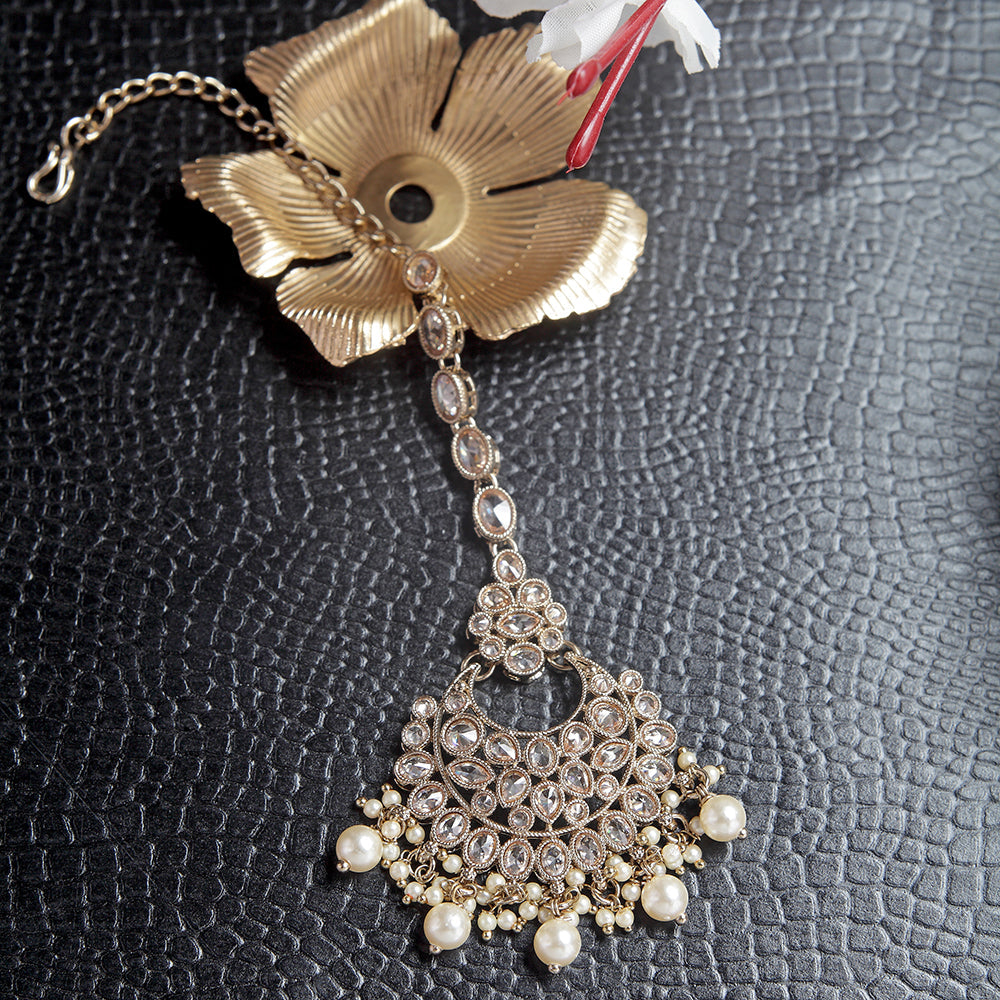 Saloni Fashion Jewellery Glamorous Chandelier Shape Mother of Pearl Brown Uncut Kundan Stone Antique Gold Plated Maang Tikka For Women and Girls