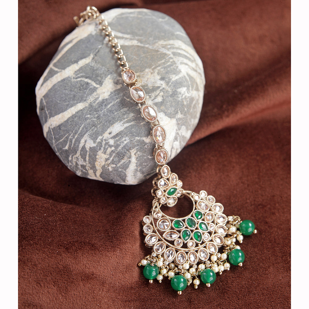 Saloni Fashion Jewellery Good-looking Chandelier Shape Mother of Pearl Green Uncut Kundan Stone Antique Gold Plated Maang Tikka For Women and Girls