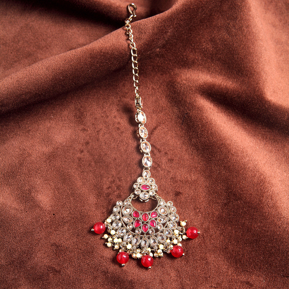 Saloni Fashion Jewellery Glorious Chandelier Shape Mother of Pearl Ruby Uncut Kundan Stone Antique Gold Plated Maang Tikka For Women and Girls