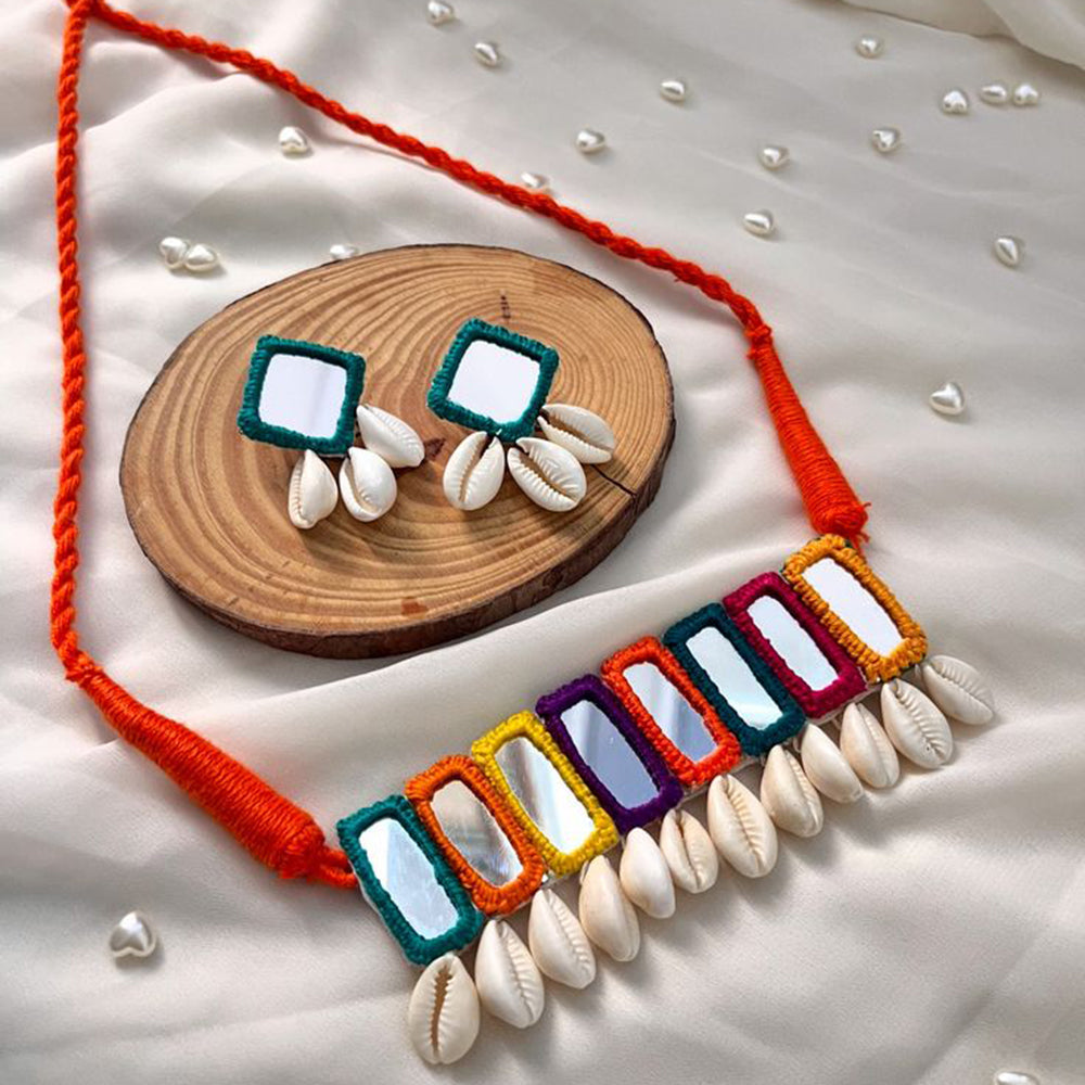 Handcrafted Mirror & Cowrie Shell Choker Set | Multicolor Thread Work | Navratri Special by Handmade For Her 