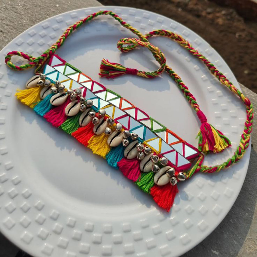 Multicolor Mirror Work Choker with Cowrie Shells & Tassels – Navratri Special by Handmade For Her 
