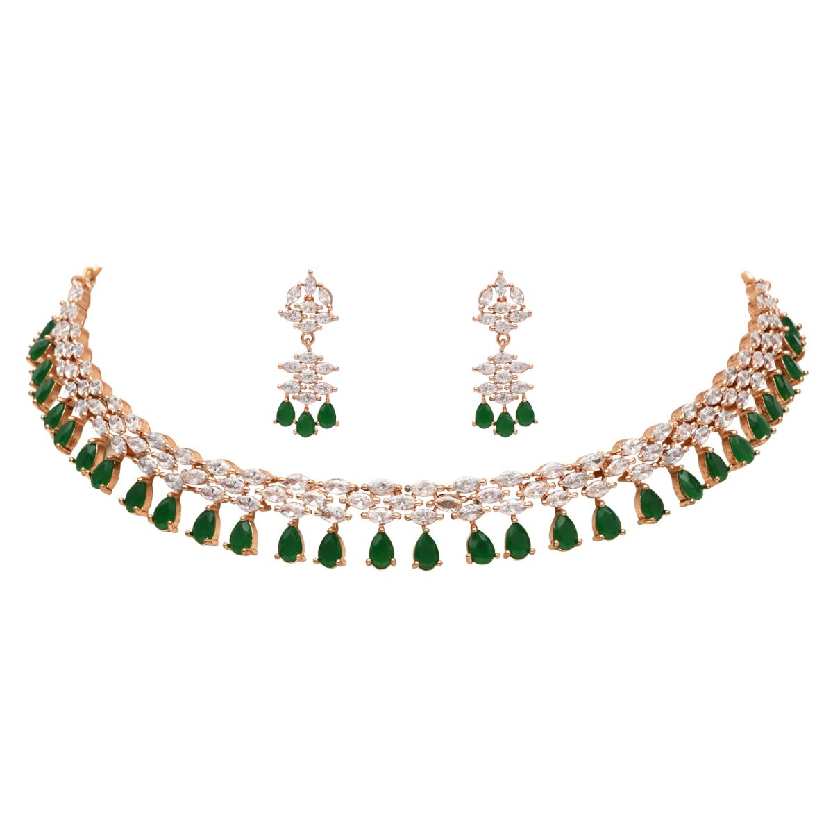 Etnico Rose Gold Plated Cubic Zirconia American Diamond Necklace & Dangle Earrings Jewellery Set for Women