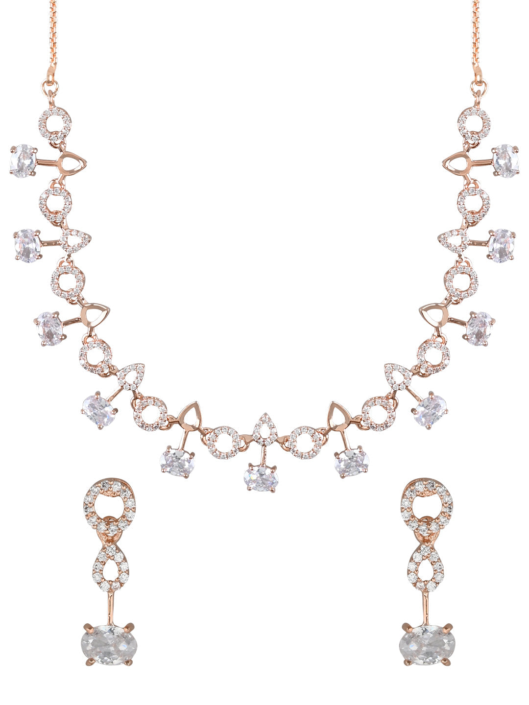 Etnico Rose Gold Plated Cubic Zirconia American Diamond CZ Special Chain Necklace With Earrings Set for Women