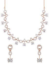 Etnico Rose Gold Plated Cubic Zirconia American Diamond CZ Special Chain Necklace With Earrings Set for Women