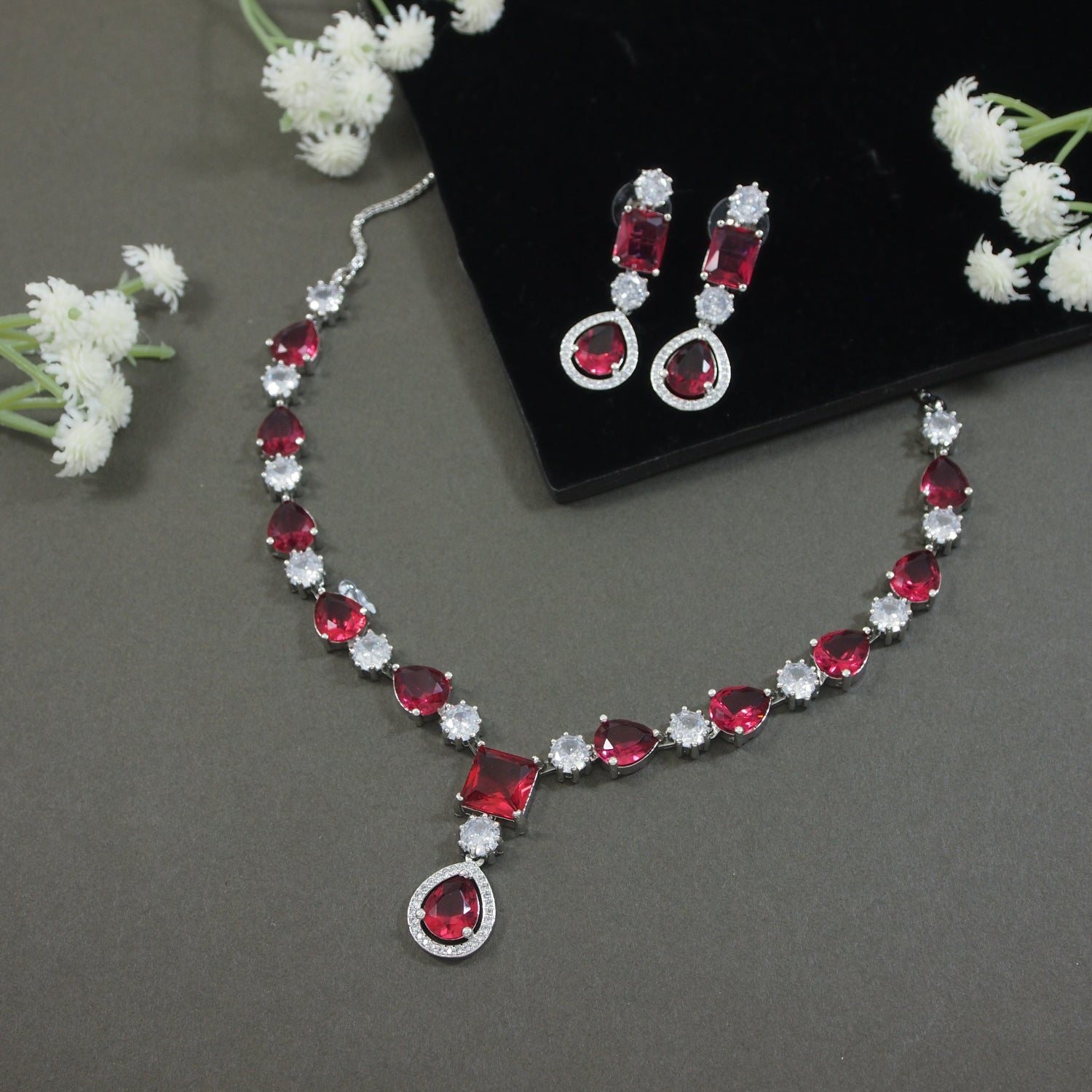 Etnico Silver Plated Cubic Zirconia American Diamond Special Necklace & Drop Earrings Jewellery Set for Women