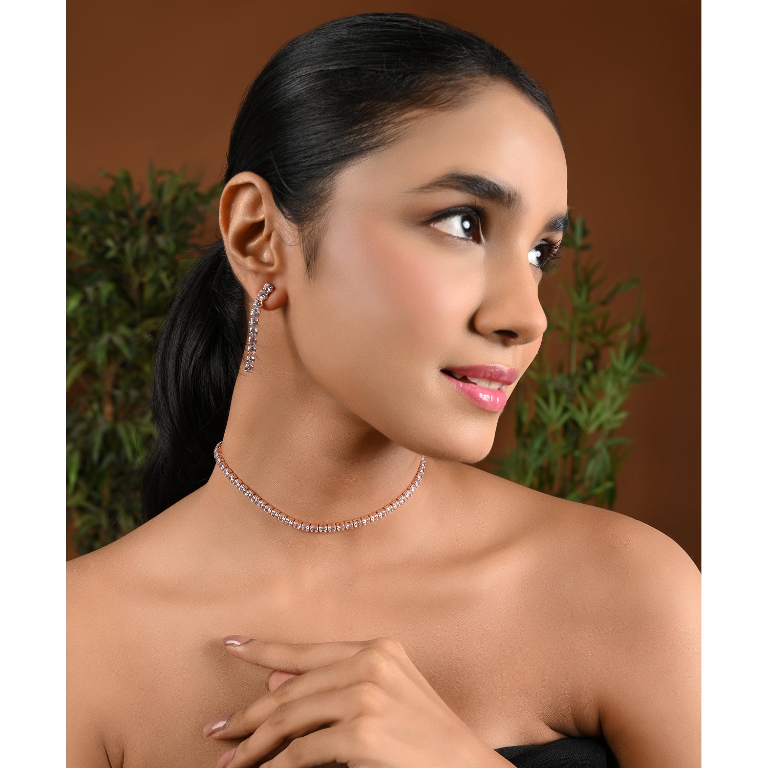 Etnico Rose Gold Plated Cubic Zirconia American Diamond Necklace With Earrings Jewellery Set for Women