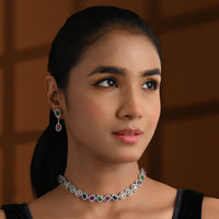 Etnico Silver Plated Cubic Zirconia American Diamond Necklace & Earrings Jewellery Set for Women 
