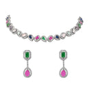 Etnico Silver Plated Cubic Zirconia American Diamond Necklace & Earrings Jewellery Set for Women