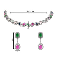 Etnico Silver Plated Cubic Zirconia American Diamond Necklace & Earrings Jewellery Set for Women