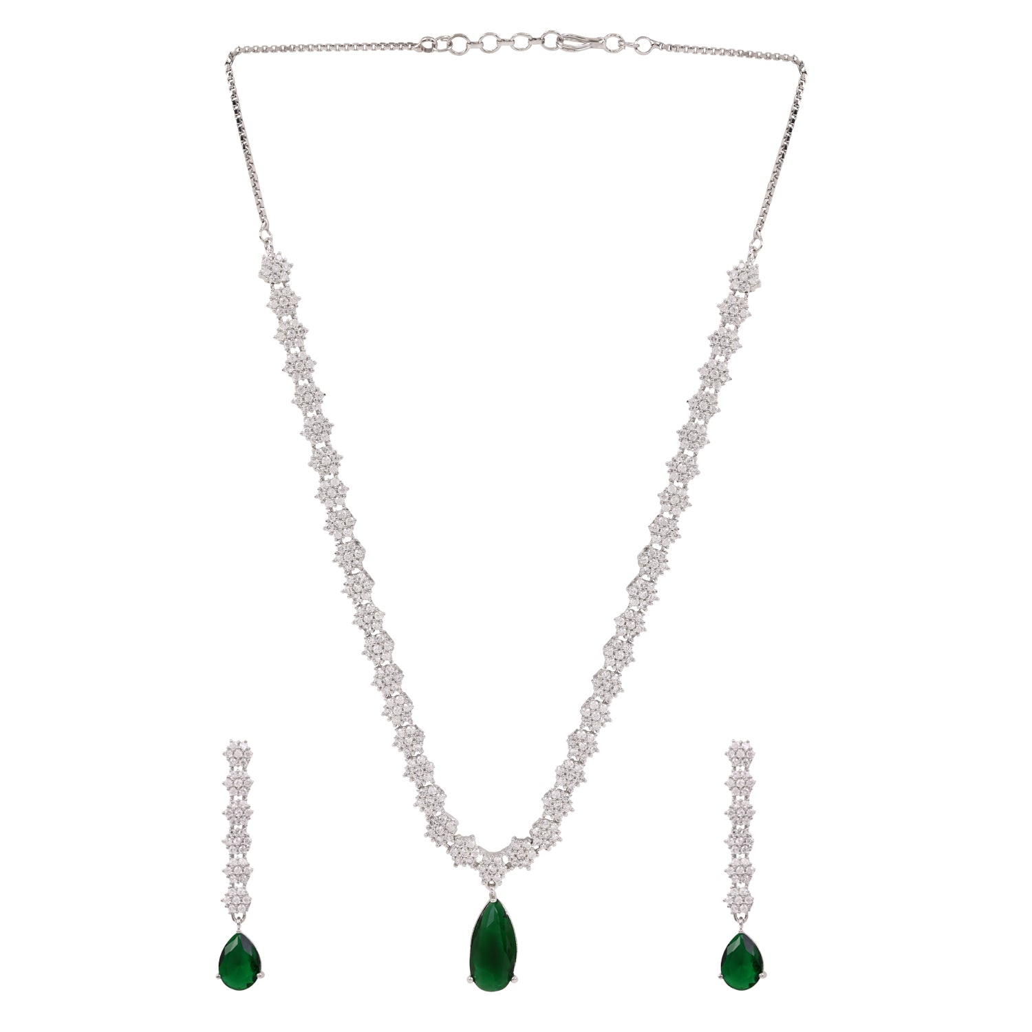 Etnico Silver Plated Cubic Zirconia American Diamond Necklace & Earrings Jewellery Set for Women