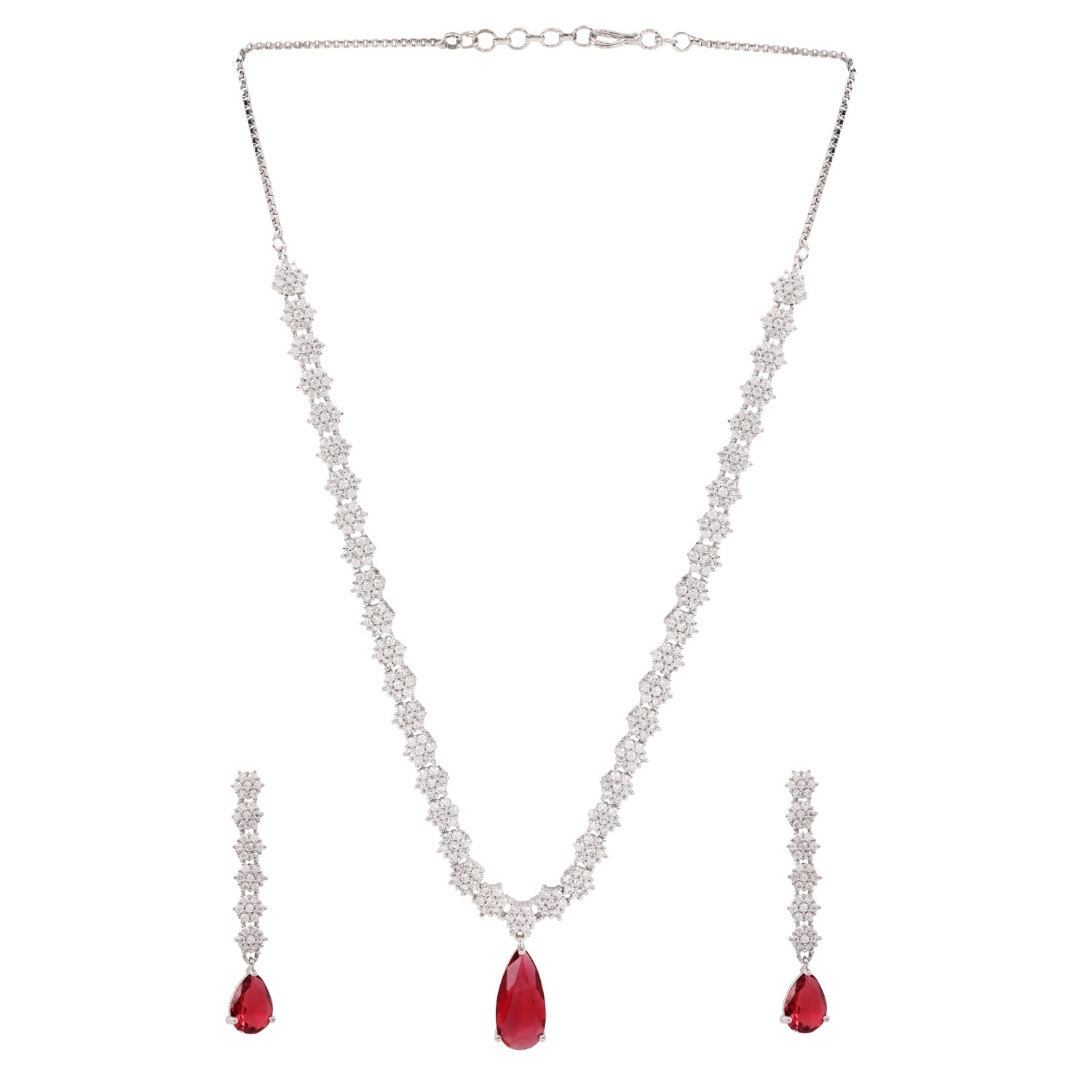 Etnico Silver Plated Cubic Zirconia American Diamond Necklace & Earrings Jewellery Set for Women