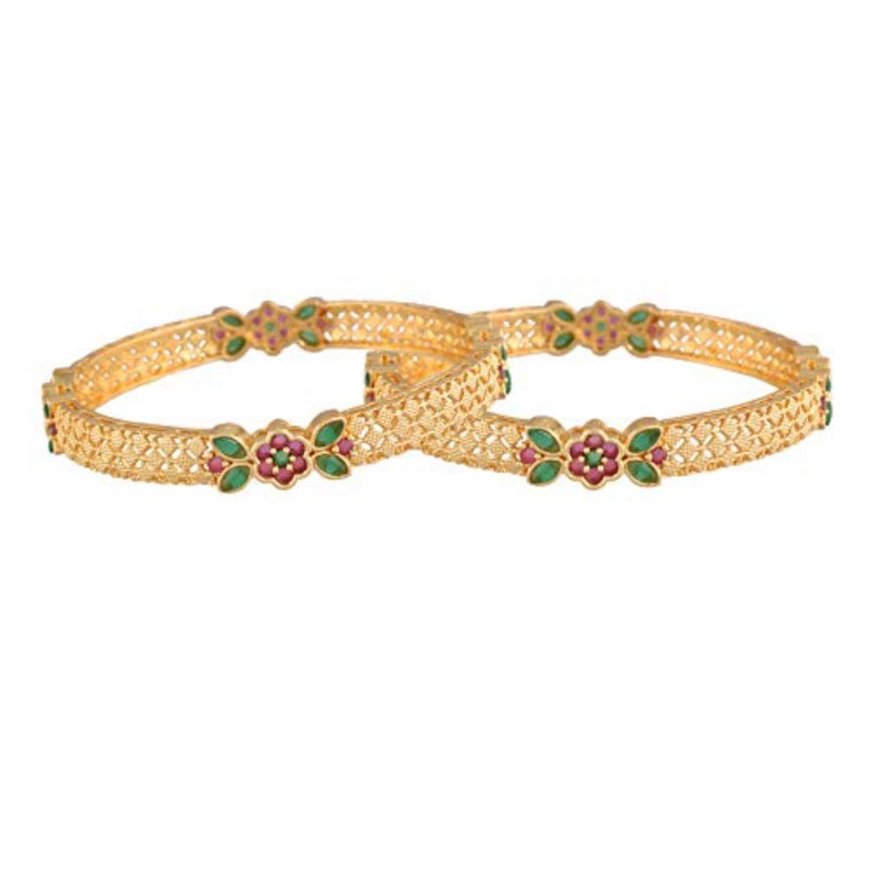 Etnico Gold Plated Traditional Brass Bangles Encased With Stone Studded For Women/Girls (ADB310MG-a) (Set of 2)