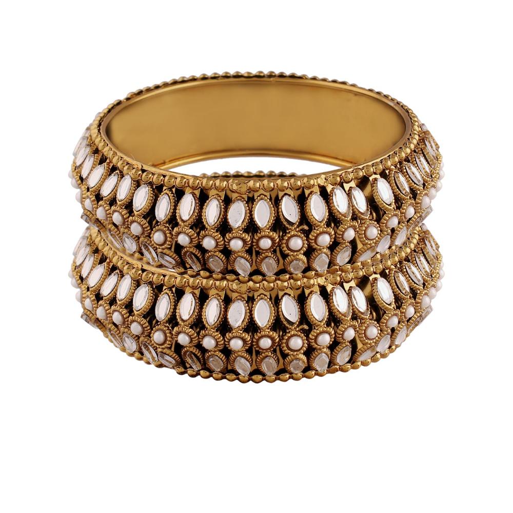 Etnico Gold Plated Light Weight Traditional Stylish Pearl Kundan Studded Kada Bangles for Women (Pack of 2) (ADB428FL-a)