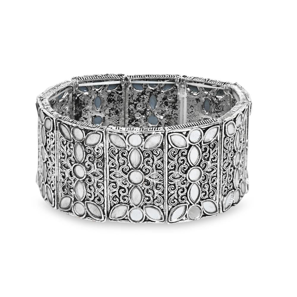 Etnico Silver Oxidised Afghani Traditional Mirror Work Stretch Bracelet For Women (ADB500OX)