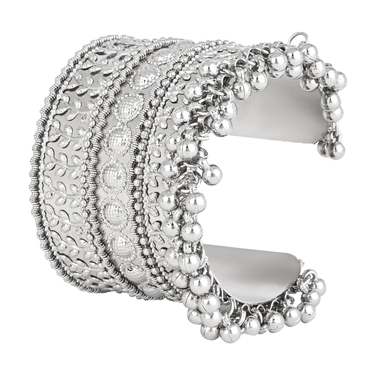 Etnico Navratri Ethnic Silver Oxidised Afghani Ghungroo Adjustable Cuff Kada Bracelet For Women (ADB516OX)
