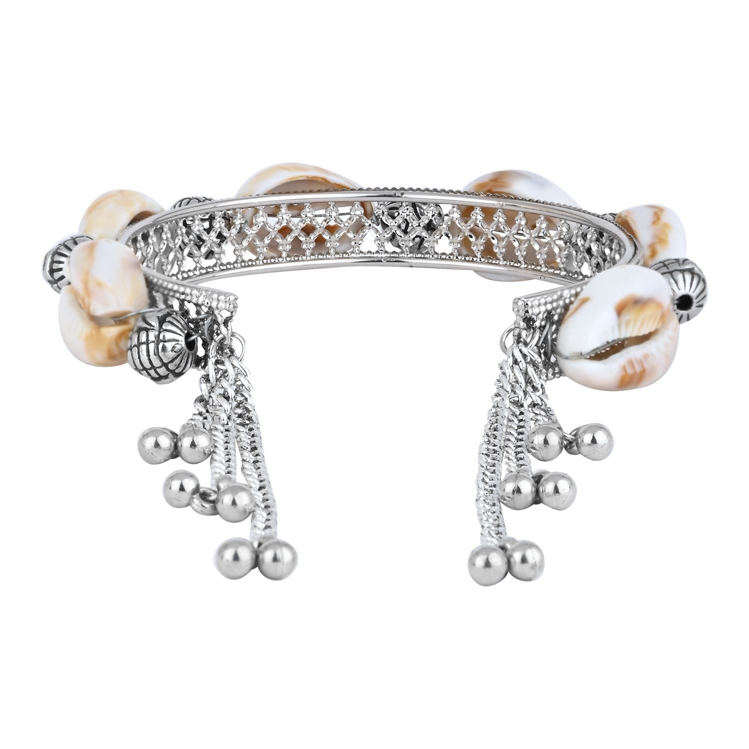 Etnico Navratri Ethnic Silver Oxidised Afghani Boho Cowrie Shell Adjustable Cuff Kada Bracelet For Women