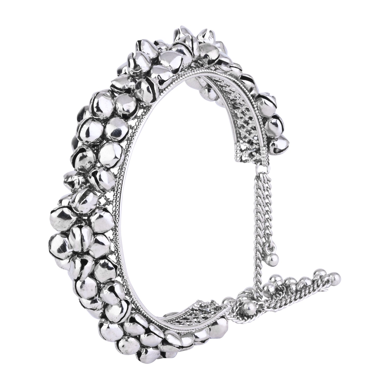 Etnico Navratri Ethnic Silver Oxidised Afghani Boho Cowrie Shell Adjustable Cuff Kada Bracelet For Women