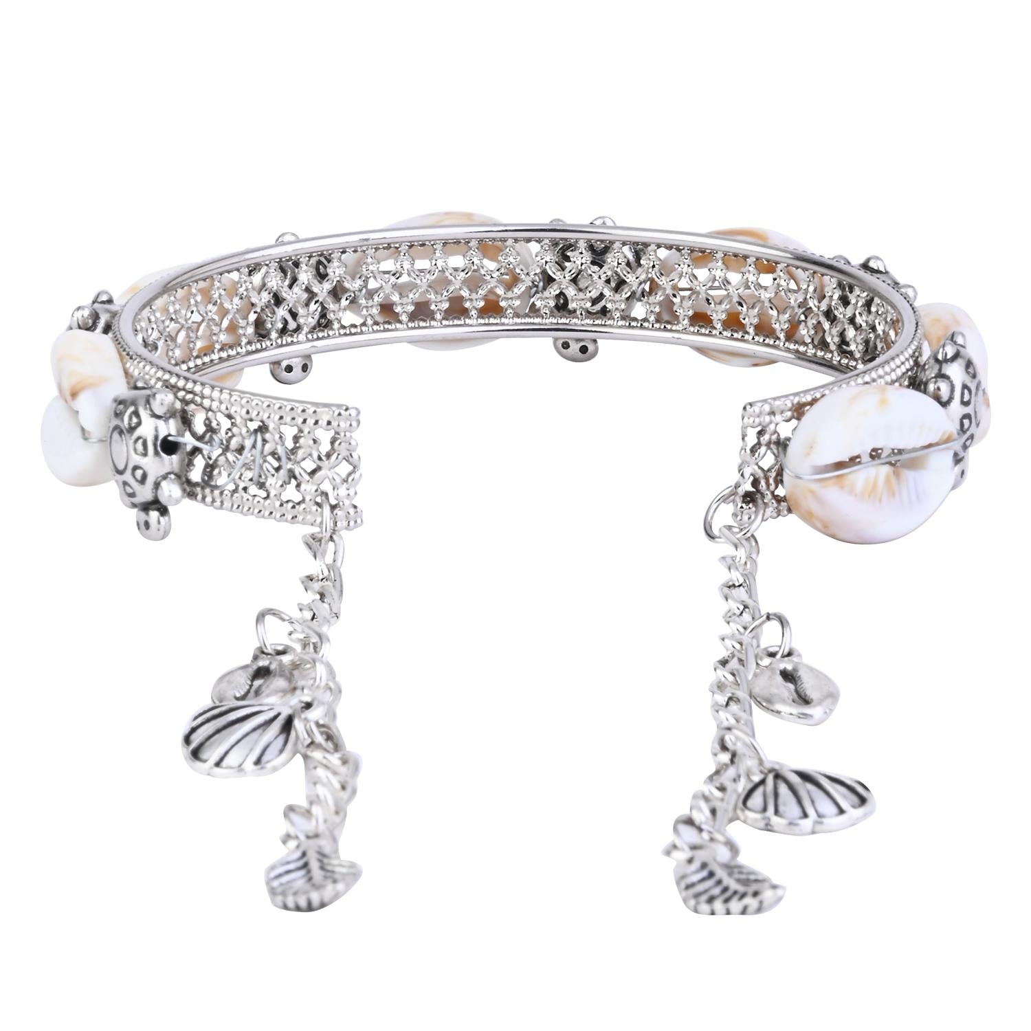 Etnico Navratri Ethnic Silver Oxidised Afghani Boho Cowrie Shell Adjustable Cuff Kada Bracelet For Women (Style 2)