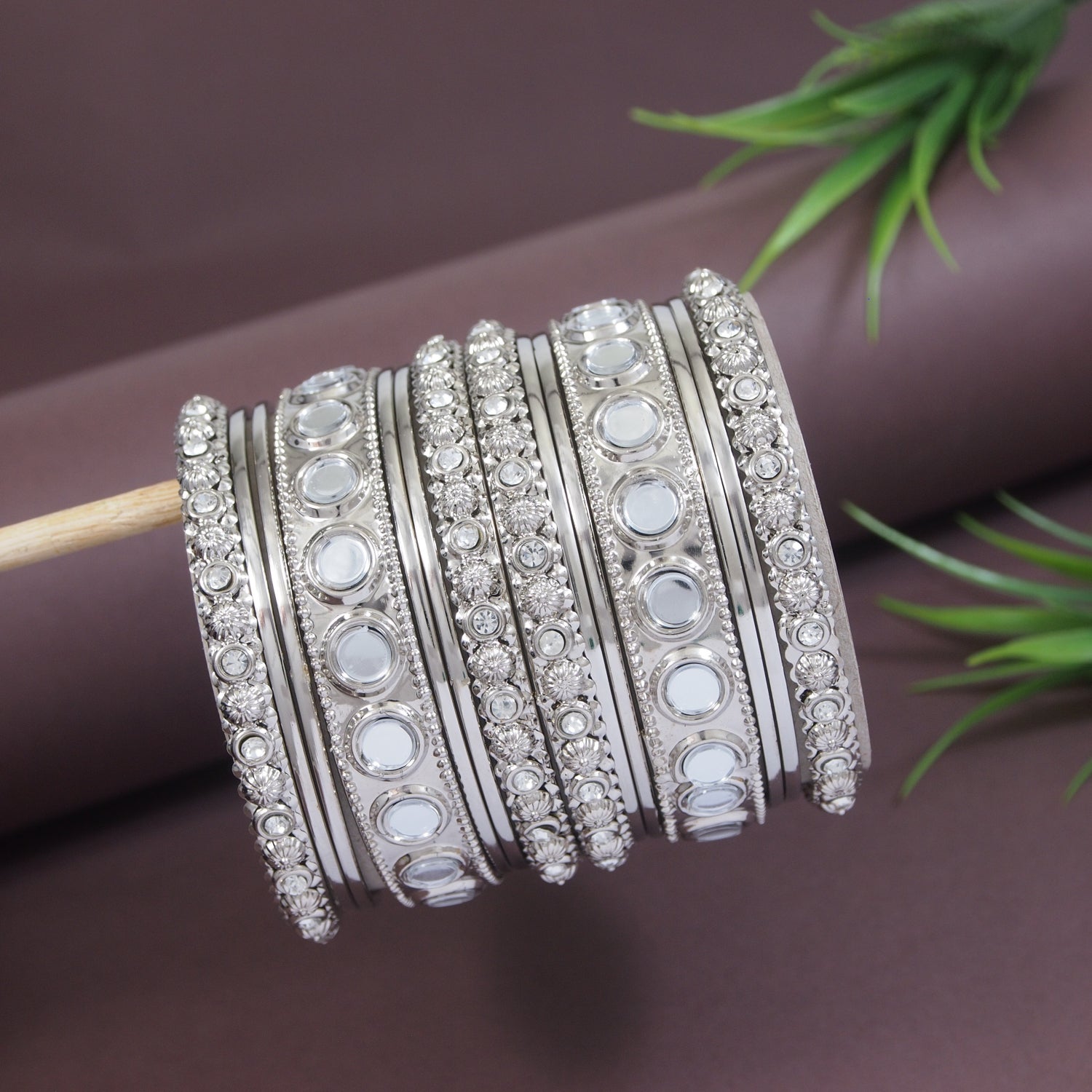 Etnico Ethnic Stylish Latest Fashion Silver Plated Mirror Work Bangles Set For Women (ADB530-2.4)