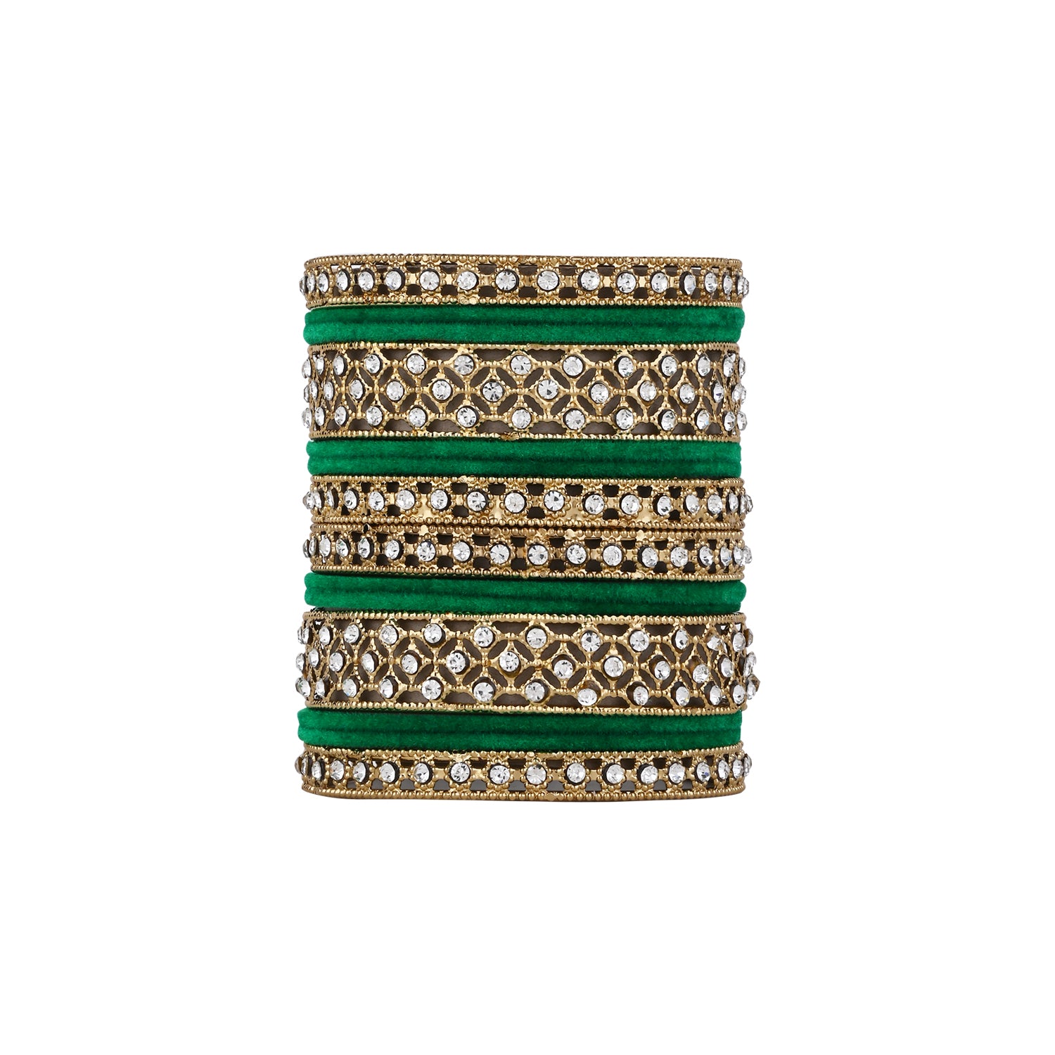 Etnico Gold Plated Traditional Royal Emerald Velvet Chuda Bangle Set Kada for Bridal/Women (Green, )