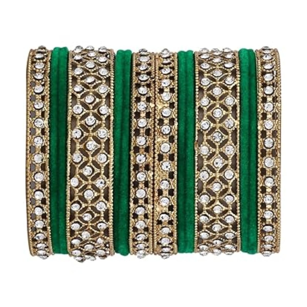 Etnico Gold Plated Traditional Royal Emerald Velvet Chuda Bangle Set Kada for Bridal/Women
