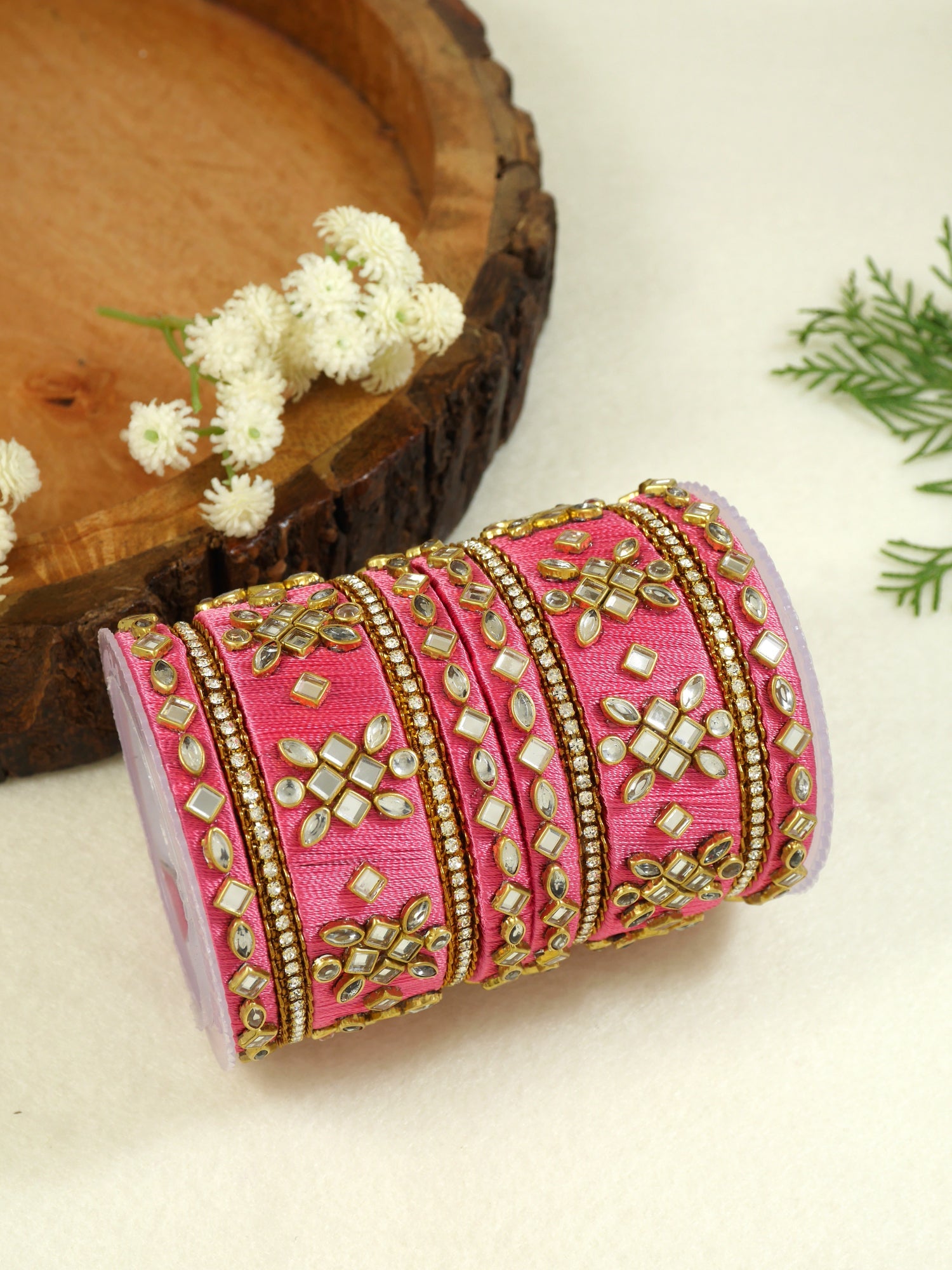 Etnico Gold Plated Traditional Silk Thread Embellishments Bangles Chuda Bangle Set for Bridal/Women