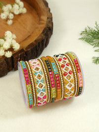 Etnico Gold Plated Traditional Silk Thread Handcrafted Vibrant Multicolor Embellished Bangles Chuda Bangle Set for Bridal/Women 