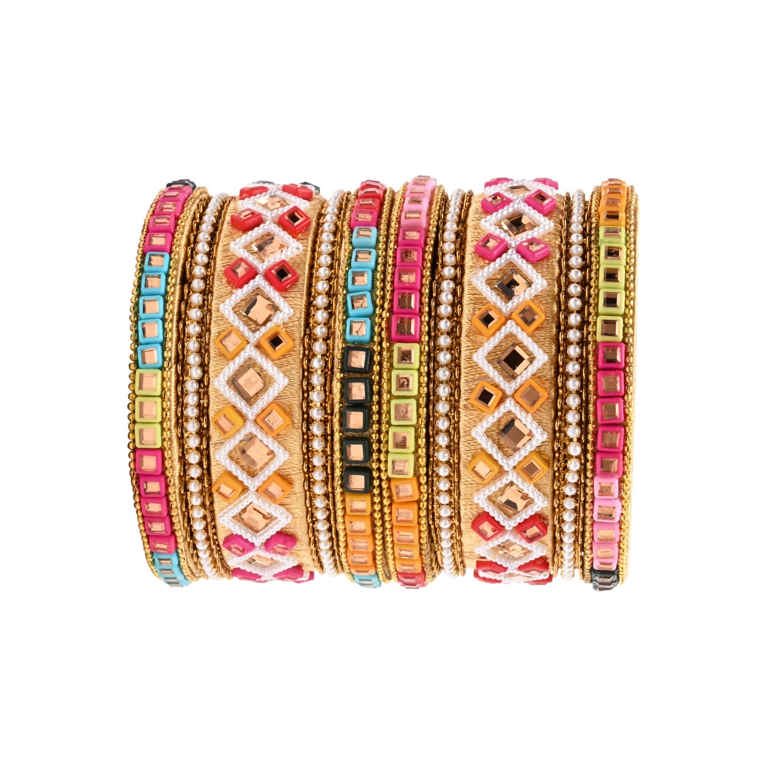 Etnico Gold Plated Traditional Silk Thread Handcrafted Vibrant Multicolor Embellished Bangles Chuda Bangle Set for Bridal/Women