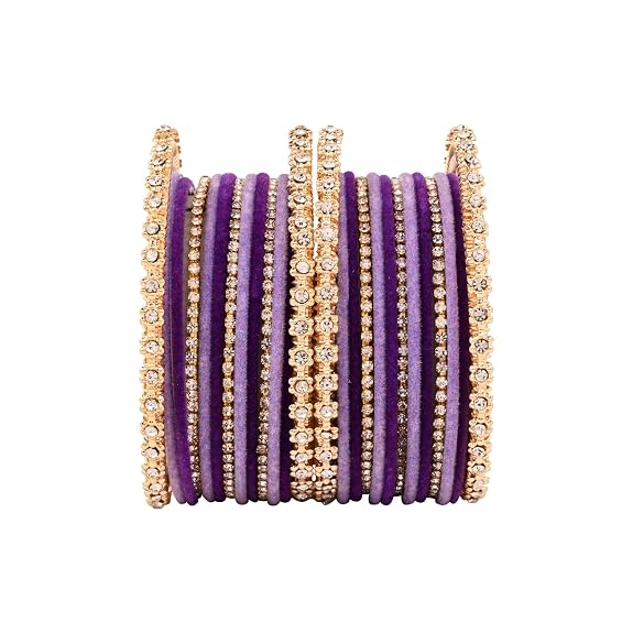 Etnico Gold Plated Traditional Handcrafted Velvet & Stone Work Bangle Chuda Set for Women/Bridal