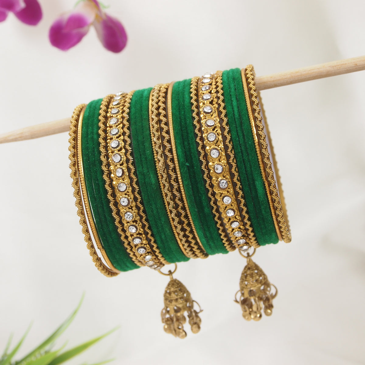 Etnico Gold Plated Traditional Handcrafted Latkan Detailing Velvet Chuda Bangle Set for Bridal/Women