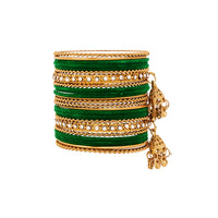 Etnico Gold Plated Traditional Handcrafted Latkan Detailing Velvet Chuda Bangle Set for Bridal/Women