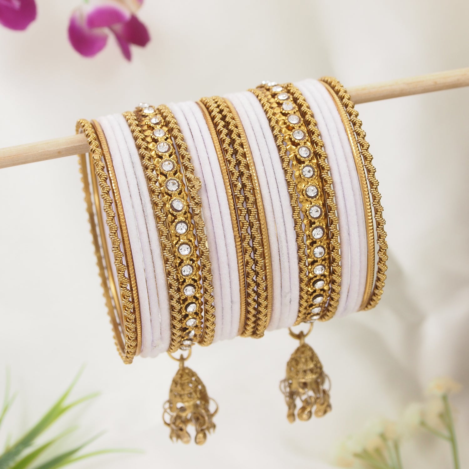 Etnico Gold Plated Traditional Handcrafted Latkan Detailing Bridal Bangle Chuda Set for Women 