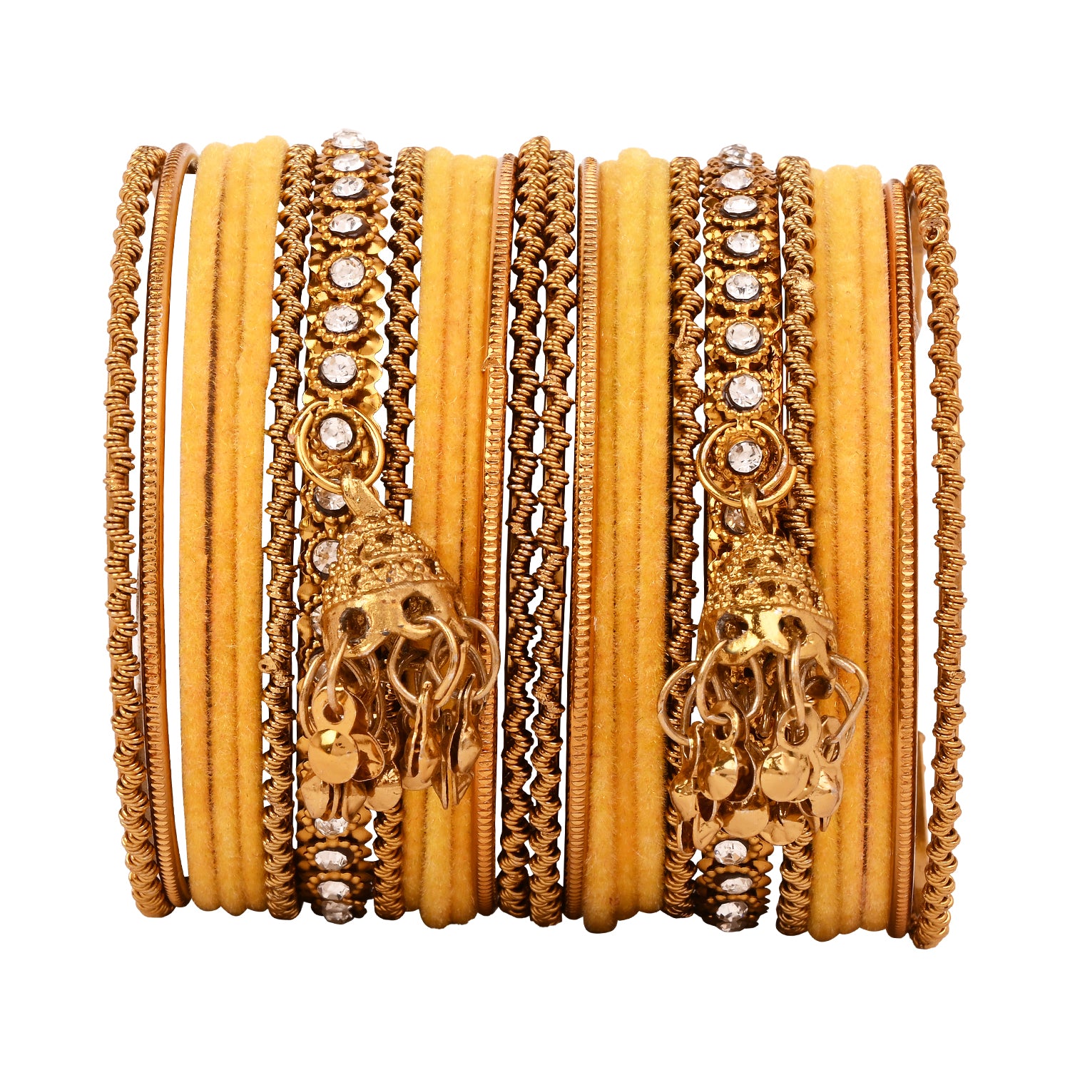 Etnico Gold Plated Traditional Handcrafted Latkan Detailing Velvet Chuda Bangle Set for Bridal/Women