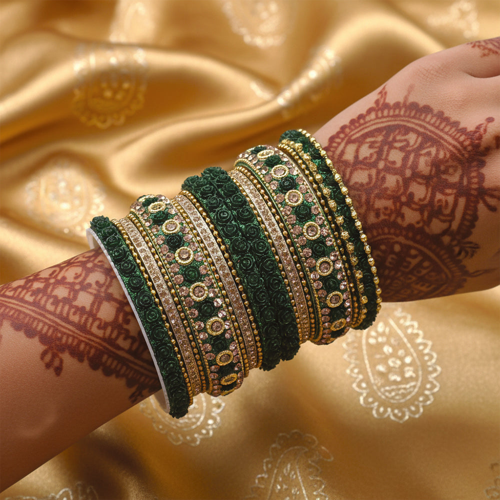 Etnico Gold Plated Traditional Floral Embellished Work Bangles Chuda Bangle Set for Bridal/Women (Green, )