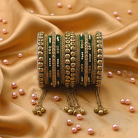 Etnico Gold Plated Traditional Velvet Embellished Work & Ghungroo Latkan Detailing Bangles Chuda Bangle Set for Bridal/Women