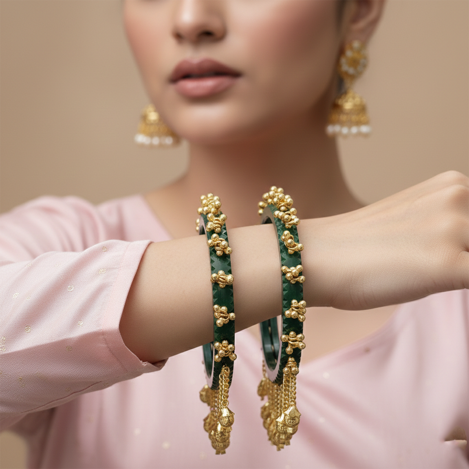 Etnico Traditional Green Bangles with Brass Stud Detailing and Hanging Ghungroo Charms for Women (ADB595G)